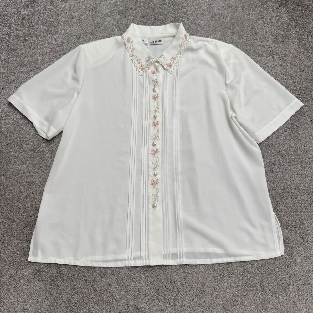 Vintage Liz Baker Embroidered Collar Pearl Button Up Shirt Women 14 Cream Blouse